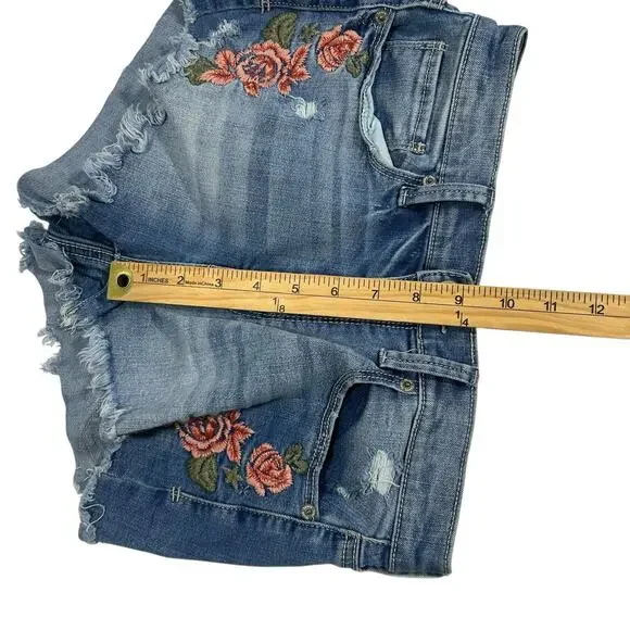 Mudd Jean Shorts 5 High Rise Shortie Floral Embroidered Frayed Raw Hem Stretch - Picture 12 of 13